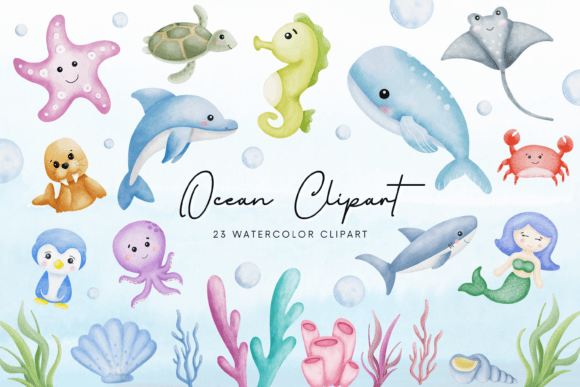 Download Ocean Animals Cute Watercolor Clipart - Ocean animals Collection