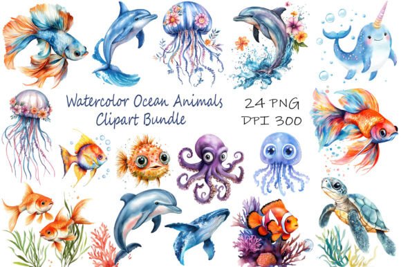 Download Watercolor Ocean Animals Clipart Bundle - Ocean animals Collection