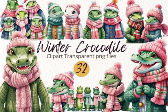 Download Watercolor Winter Crocodile Clipart PNG - Winter Collection
