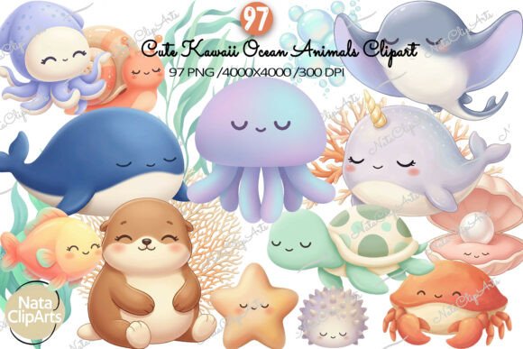 Download Cute Kawaii Ocean Animals Clipart Set - Ocean animals Collection