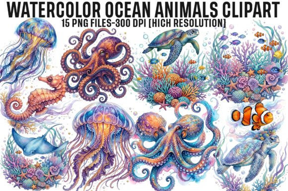 Download Watercolor Ocean Animals Clipart PNG - Ocean animals Collection
